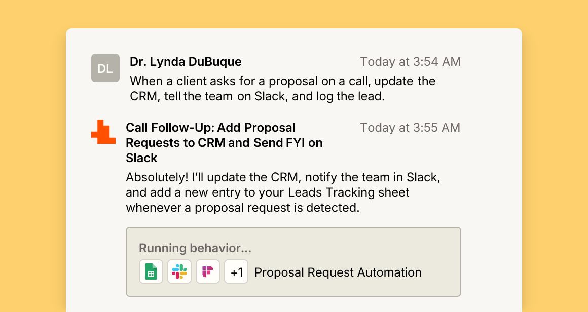 Call Follow-Up: Add Proposal Requests to CRM and Send FYI on Slack